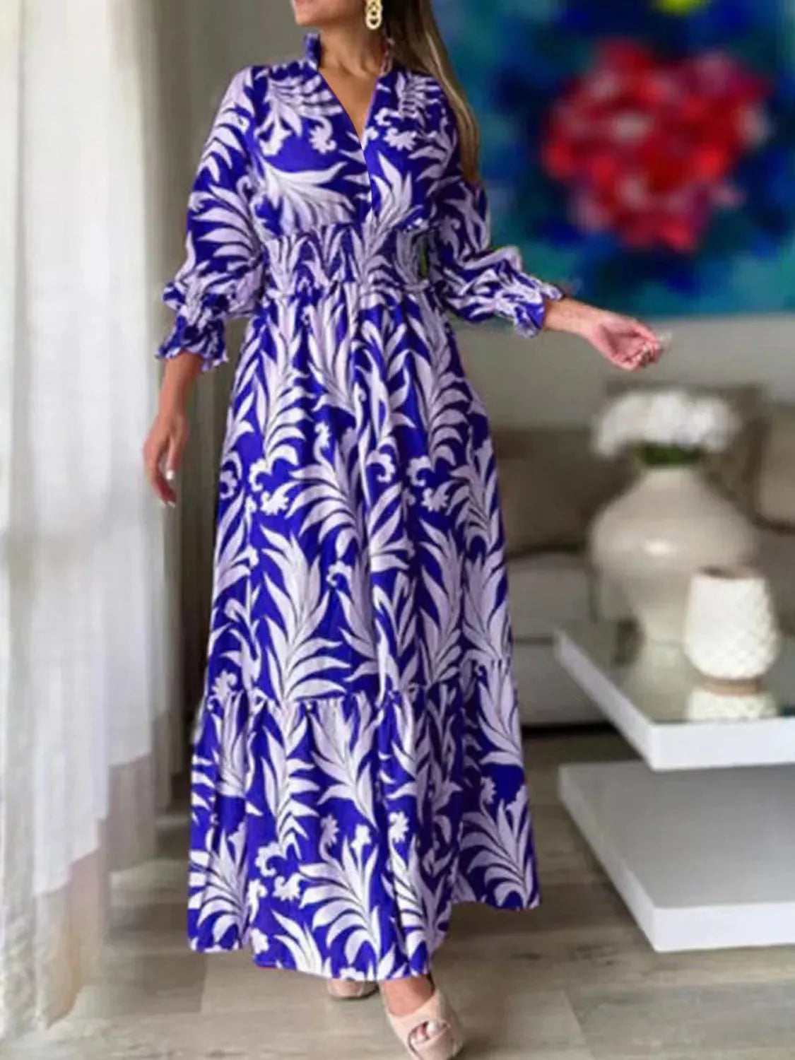 Printed Flounce Sleeve Maxi Dress Royal Blue Casual Dresses - Tophatter Daily Deals